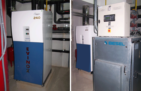 Central de calor, con la unidad de microcogeneración de 20 Kwe y 45 kWt y la caldera de condensación de alta eficiencia.