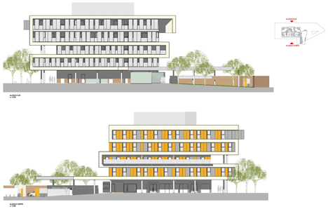 Proyecto de Viviendas Sostenibles en Rivas Vaciamadrid de TOUZA Arquitectos, alzado sur (arriba) y alzado norte (abajo)