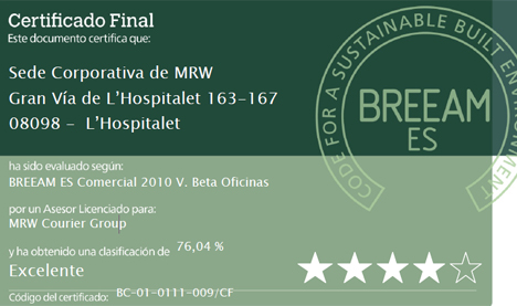 Certificado Final Breeam Excelente para la Sede Corporativa de MRW