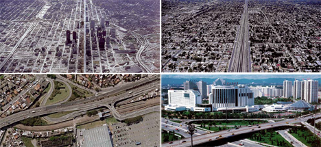 Ejemplos de ciudad dispersa y con espacios infranqueables para el peatón: (de izq. a dcha. y de arriba y abajo) Houston, Los Ángeles, Río de Janeiro y Bejing