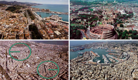Modelo clásico mediterráneno: Málaga, Roma, Barcelona y Génova (de izq. a dcha. y de arriba y abajo)