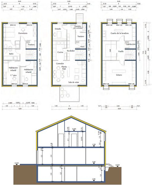 Planos de las plantas y Sección vista desde norte.