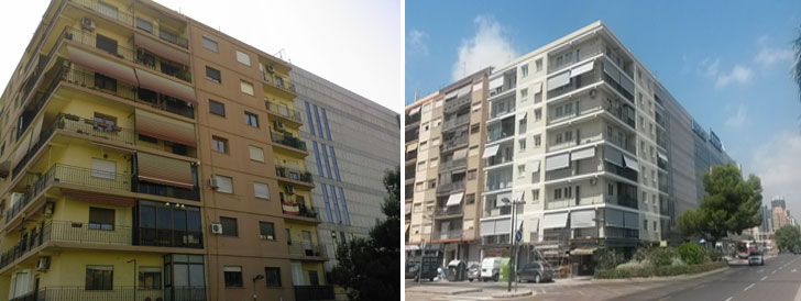 Edificio antes y después de la rehabilitación.