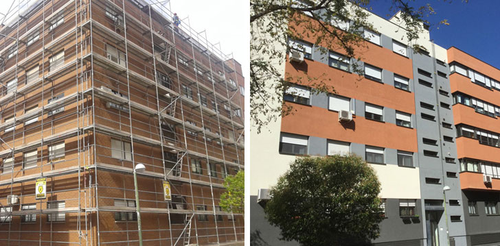 Edificio antes y después de la rehabilitación.