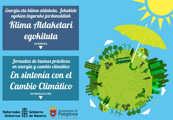 Cartel de las 5 jornadas que se celebrarán en Pamplona sobre buenas prácticas en Energía y Cambio Climático.