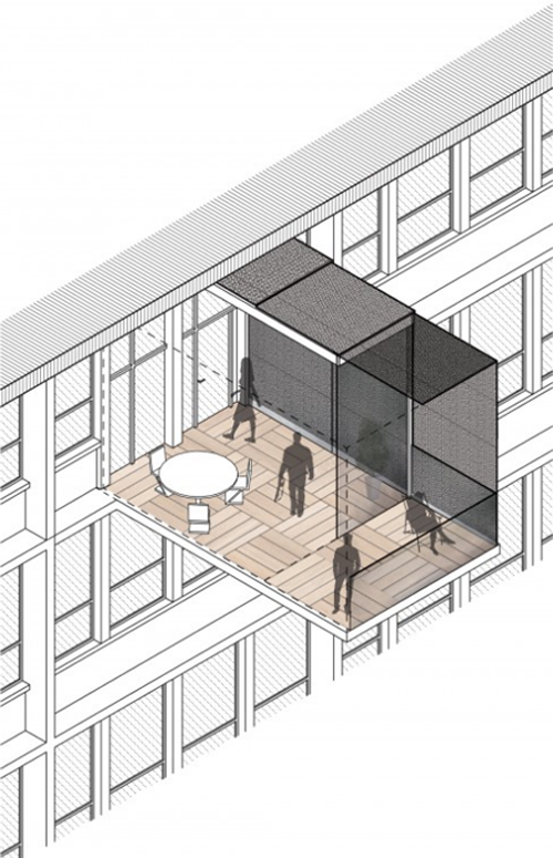 Plano de prototipo de balcón energéticamente eficiente creado por  INSA en colaboración con Kawneer.