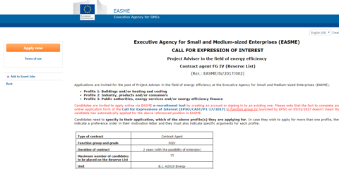 Abierta Convocatoria para trabajar en el Equipo de Eficiencia Energética de EASME