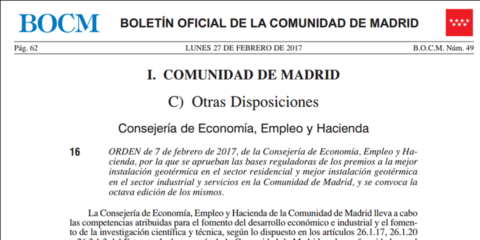 Abierta inscripción de la Octava Edición a la Mejor Instalación Geotérmica en la Comunidad de Madrid