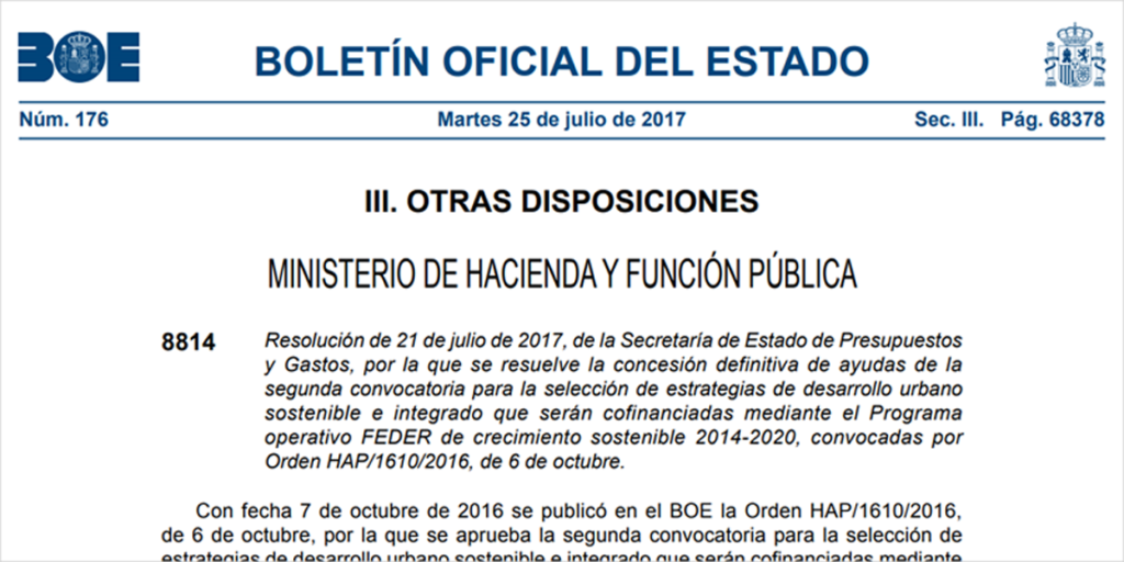 La resolución definitiva de la segunda convocatoria EDUSI se ha publicado este martes, 25 de julio, en el BOE y asigna 297,4 millones de euros.