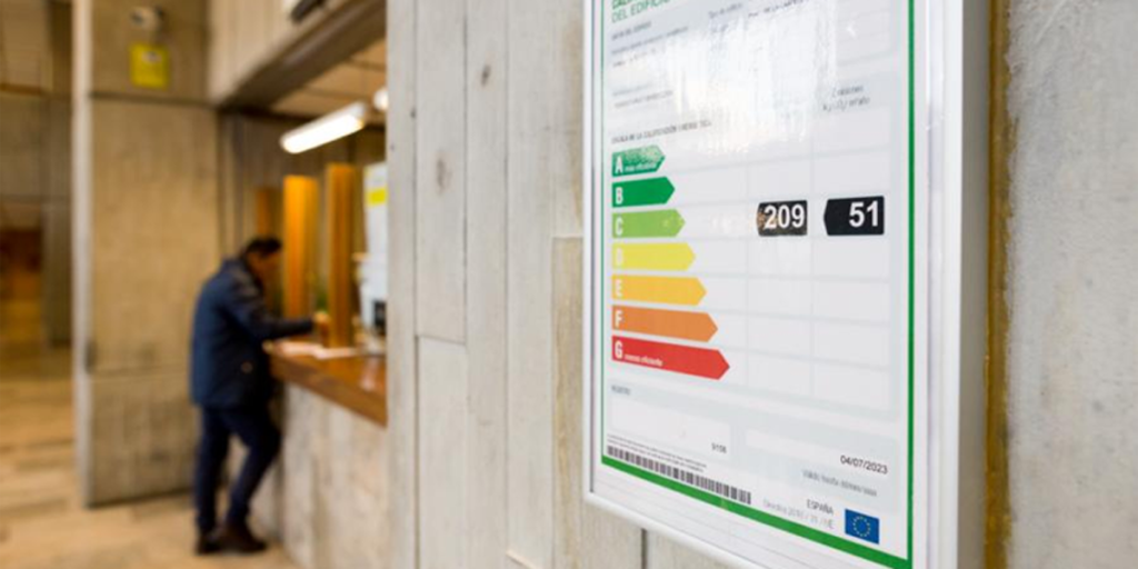 Primer plano de la etiqueta de calificación energética situada en el hall del Ministerio de Energía, Turismo y Agenda Digital.