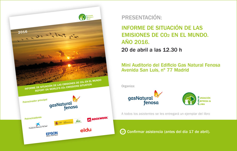 Invitación a la presentación del "Informe de situación de las emisiones de CO2 en el mundo. Año 2016", el 20 de abril en Madrid. 
