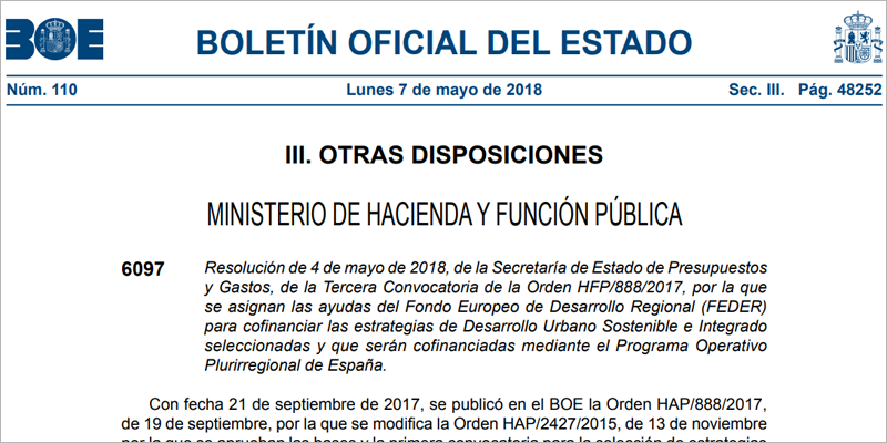 Publicación en el BOE de la tercera convocatoria EDUSI