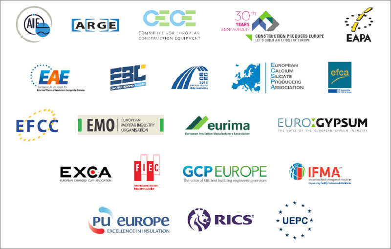 Logos de los 21 firmantes del manifiesto para reclamar la transformación digital del sector de la construcción en la UE