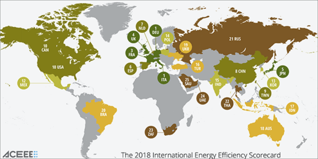 Mapa con los países incluidos en la cuarta edición del informe International Energy Efficiency Scorecard del American Council for an Energy-Efficient Economy