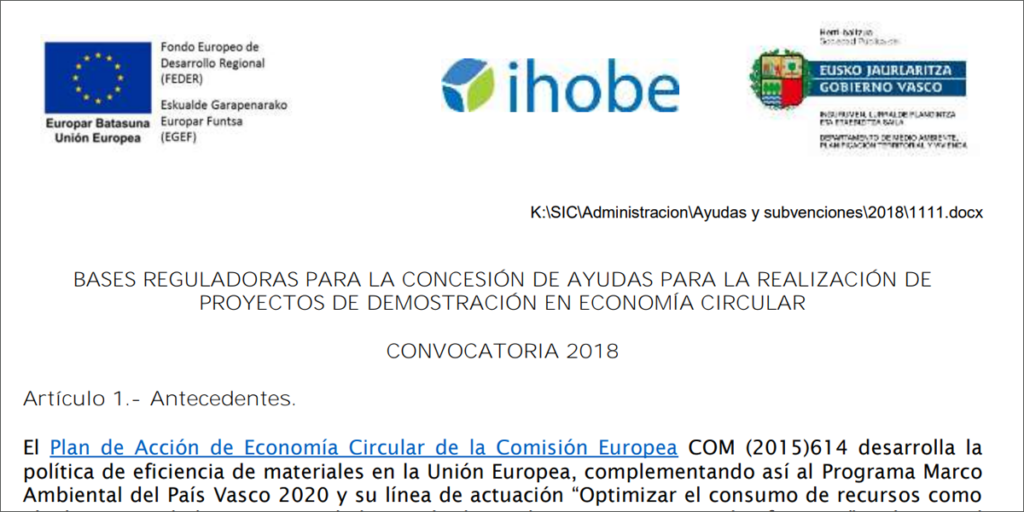 Publicación de ayudas del Ihobe para la realización de proyectos de demostración en economía circular