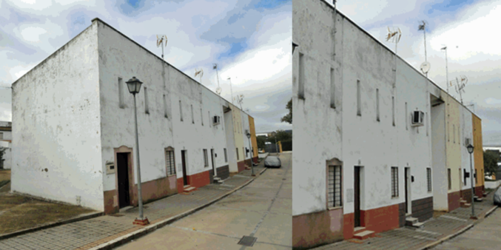 Exterior de las viviendas de promoción pública en alquiler de la barriada Pablo Iglesias, en Las Navas de la Concepción