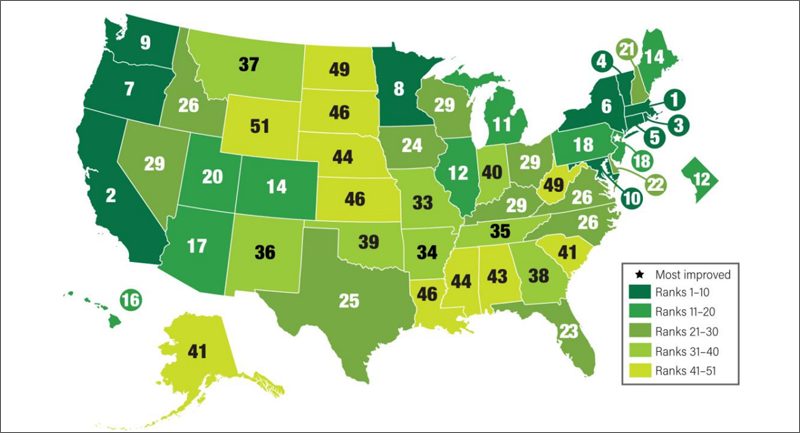 Mapa de Estados Unidos con el ranking de los diferentes estados