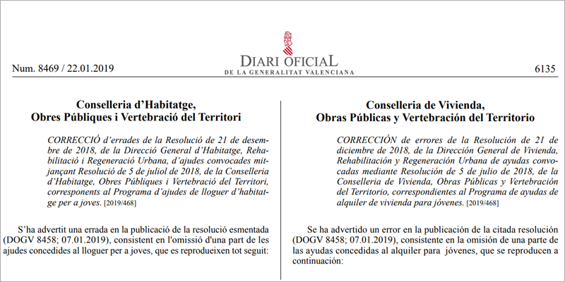Extracto de la publicación de la resolución de concesión de ayudas a la rehabilitación de edificios y viviendas en el Boletín Oficial de la Generalitat Valenciana.
