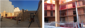 Figura 4. Estructura de madera CLT en tercera planta y vista general de la estructura desde el patio.