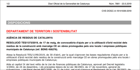 Cataluña abre la convocatoria de ayudas para la gestión de residuos y uso de áridos reciclados