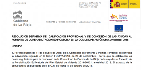La Rioja publica la resolución de ayudas al fomento de la rehabilitación edificatoria con un total de 538 beneficiarios