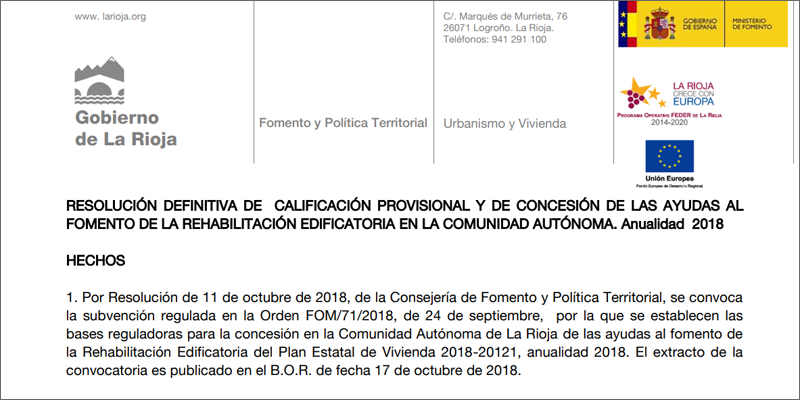  resolución definitiva de concesión de ayudas al fomento de la rehabilitación edificatoria de la Rioja