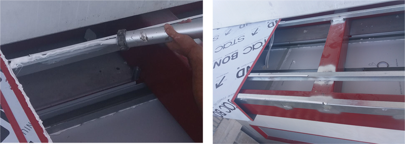Detalle de la aplicación de Fix Paneles (izquierda) y de la aplicación de la cinta Fix Panels (derecha).