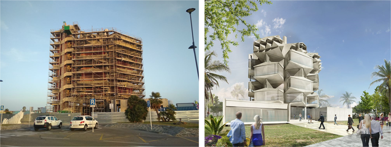 A la izquierda situación actual de las obras, y a la derecha imagen del diseño del edificio.