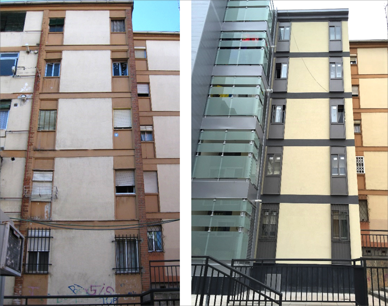 Edificio de viviendas rehabilitado. Fachada principal norte. Original (izquierda) Rehabilitado (derecha). Autor: Sheila Varela Luján.