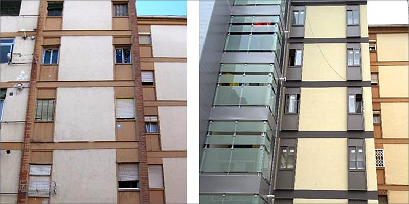 Edificio de viviendas rehabilitado. Fachada principal norte. Original (izquierda) Rehabilitado (derecha). por Sheila Varela Luján.