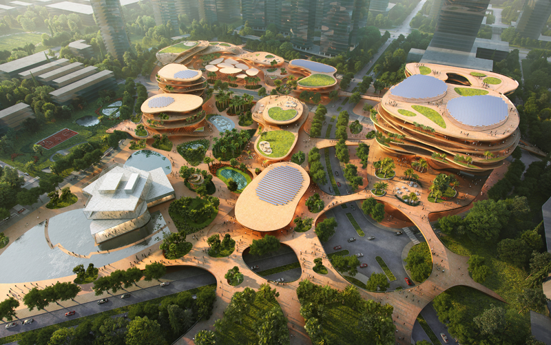 Aspecto que tendrá el espacio Shenzhen Terraces, en forma de 'mesetas apiladas' rodeadas de vegetación .