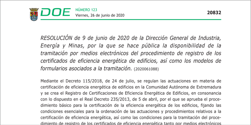 certificaciones de eficiencia energética de edificios se realizarán telemáticamente en Extremadura