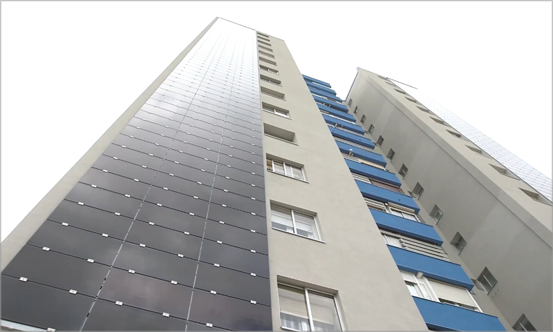 La fachada de la torre del distrito Fasa se compone de paneles fotovoltaicos y aislamiento