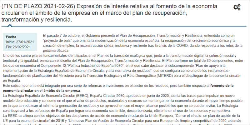 convocatoria de expresión de interés para fomentar la economía circular en empresas