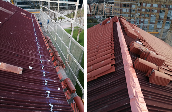 Colocación de teja curva sobre impermeabilización de tejado.