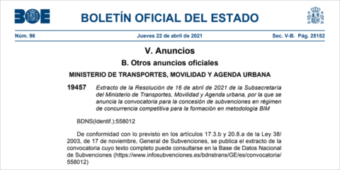 Convocatoria de subvenciones para la formación en metodología BIM aplicada a la contratación pública