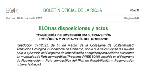 Abierta la convocatoria de ayudas del PREE 5000 para actuaciones de rehabilitación energética en La Rioja