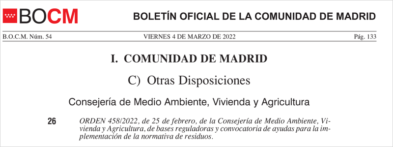 Programa de ayudas de la Comunidad de Madrid para financiar proyectos de gestión de residuos