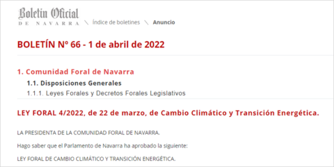 La Ley Foral de Cambio Climático y Transición Energética entra en vigor en Navarra