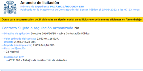 Sale a licitación la construcción de 24 viviendas energéticamente eficientes en Almendralejo