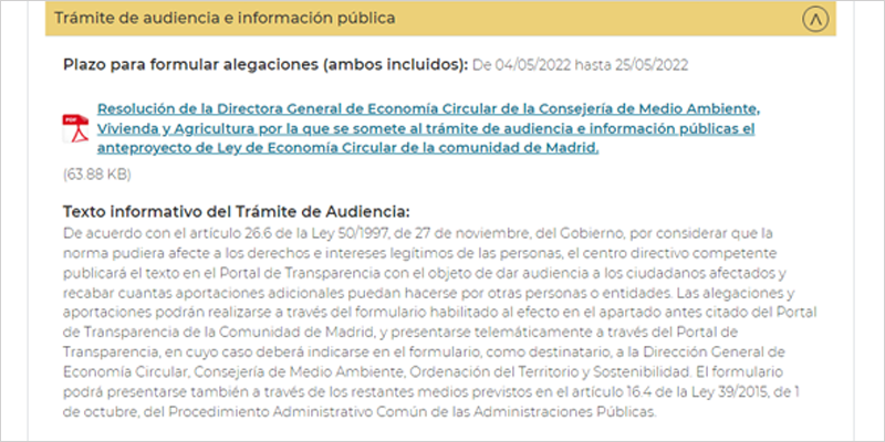 Plazo de alegaciones del anteproyecto de Ley de Economía Circular de la Comunidad de Madrid