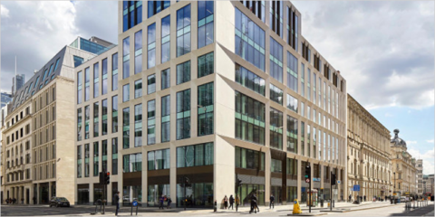 Protección solar de AGC en el edificio 120 Moorgate en Londres con certificado BREEAM Excelente