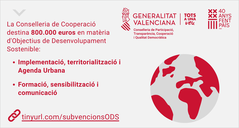 La Generalitat Valenciana destina 800.000 euros a actuaciones para la promoción de los Objetivos de Desarrollo Sostenible en el ámbito local