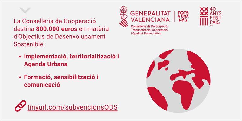 La Generalitat Valenciana destina 800.000 euros a actuaciones para la promoción de los Objetivos de Desarrollo Sostenible en el ámbito local