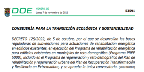 Extremadura convoca las ayudas del PREE 5000 para actuaciones de rehabilitación energética