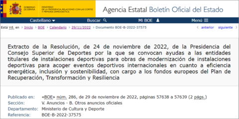 El CSD convoca ayudas para modernizar instalaciones deportivas de forma sostenible