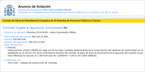 Abierta la licitación para rehabilitar energéticamente 18 viviendas de promoción pública en Cáceres