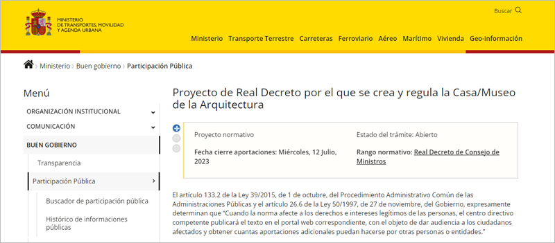 Mitma abre la audiencia e información pública del proyecto de real decreto de la Casa de la Arquitectura