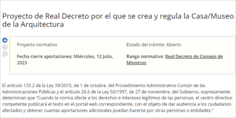Abierto a audiencia e información pública el proyecto de real decreto de la Casa de la Arquitectura