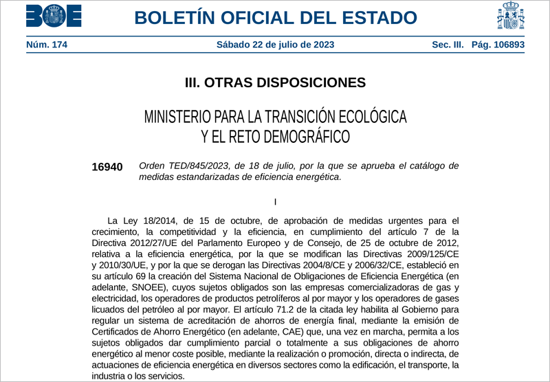 El Miteco aprueba el catálogo de medidas estandarizadas de actuaciones de eficiencia energética